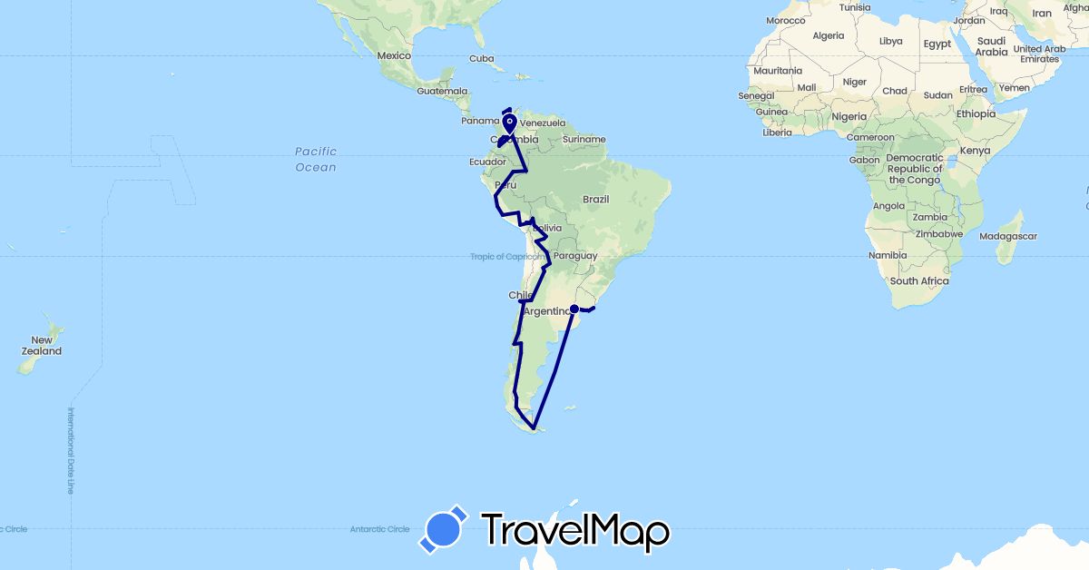TravelMap itinerary: driving in Argentina, Bolivia, Chile, Colombia, Peru, Uruguay (South America)